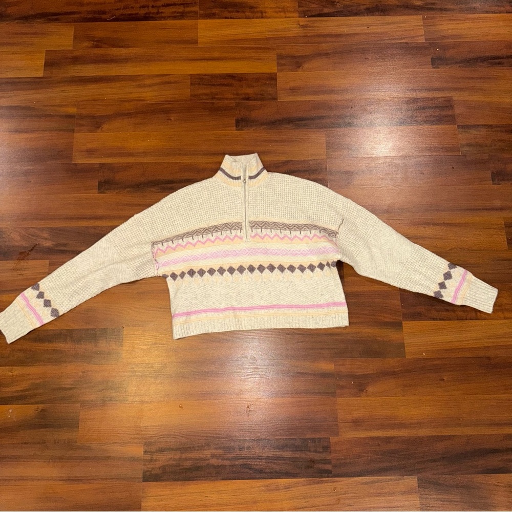 Sugar Moon Size L Cream and Pink Cowl Neck Sweater with Nordic Pattern